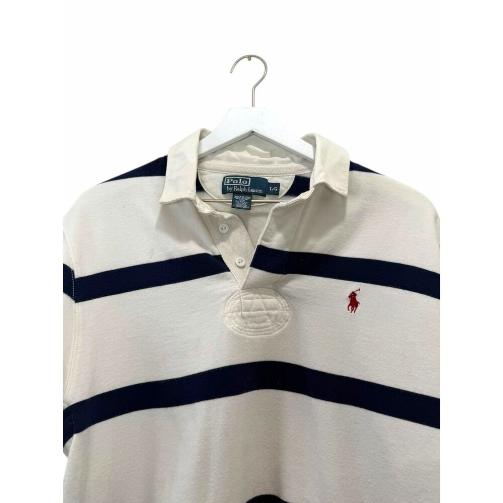 Polo Ralph Lauren Striped Rugby Shirt Cream Navy Long Sleeve Size Large - Picture 5 of 9